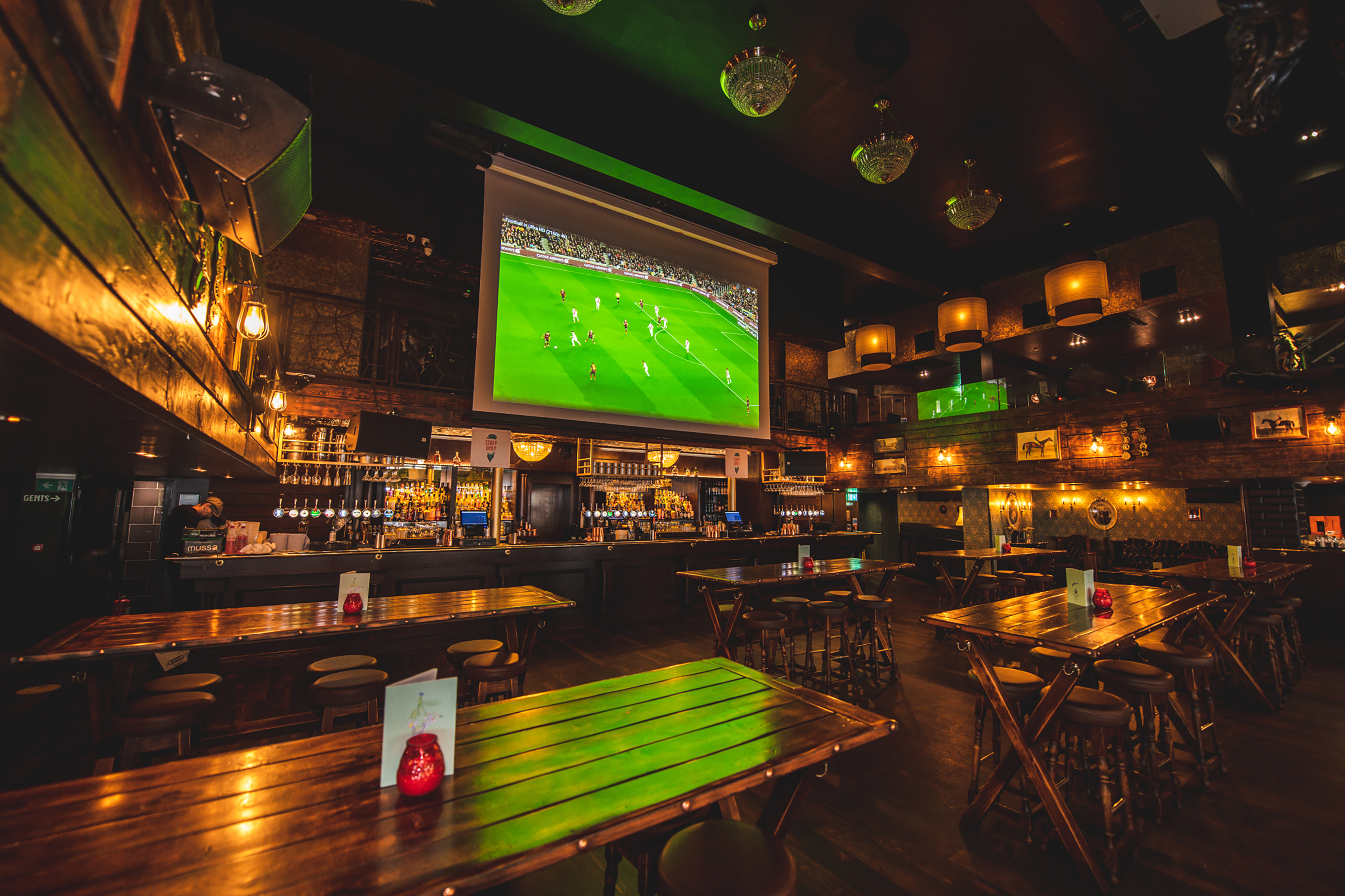 Big screen showing World Cup in Peaky Blinders Manchester