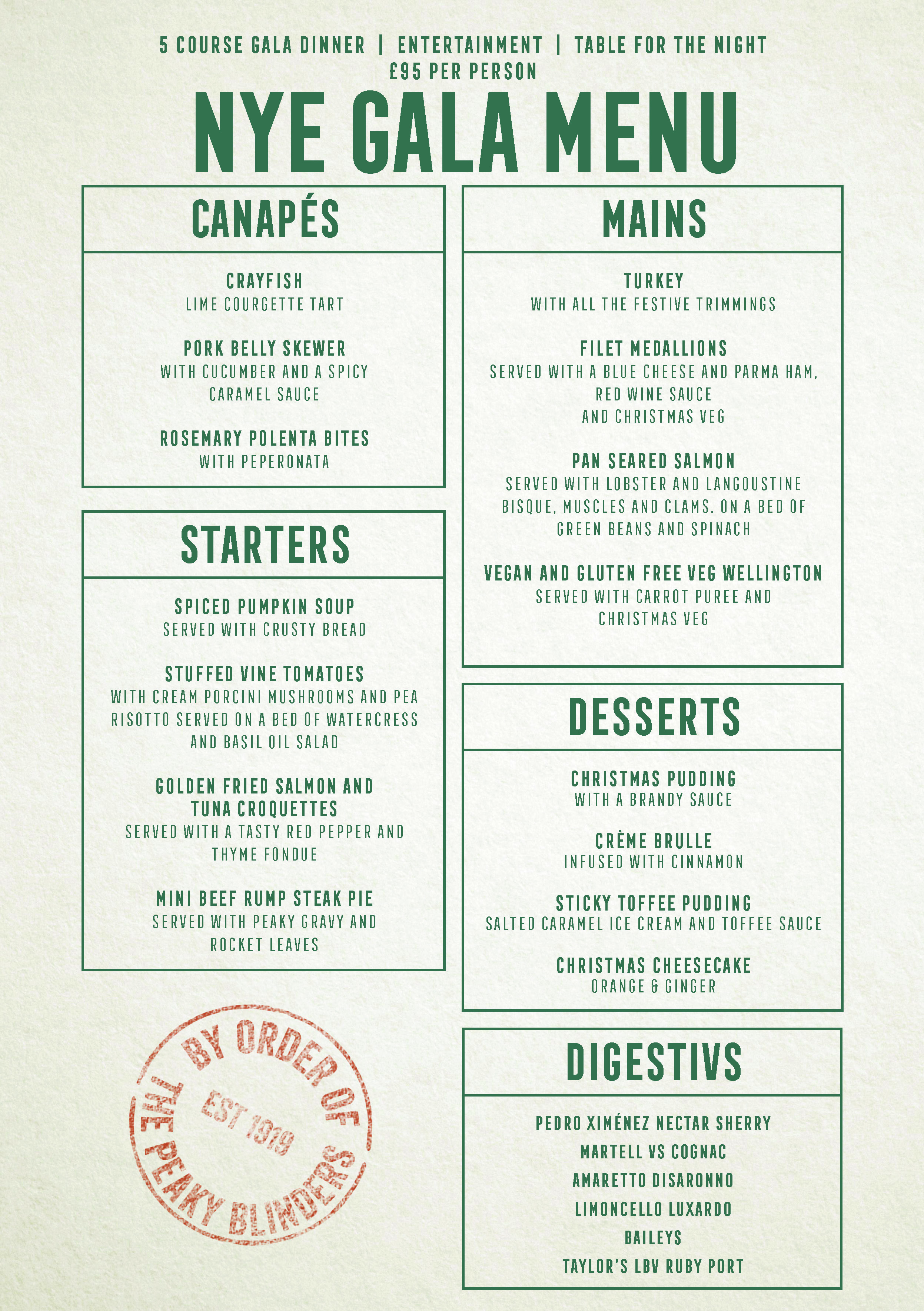 NYE Food Menu Manchester